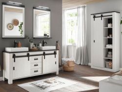Badm�bel Set Stove in wei� Pinie und anthrazit Landhaus Doppelwaschtisch MIT Waschbecken und LED Spiegellampe