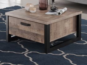 Couchtisch Concrete in Eiche Tabak und schwarz Beistelltisch mit 2 x Schubkasten 80 x 80 cm