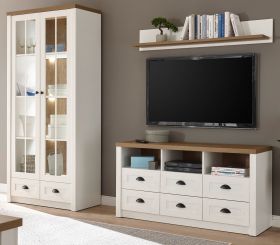 Wohnwand Seyne in wei� Pinie und Eiche hell Landhaus Wohnkombination 3-teilig 240 x 198 cm