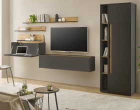 Wohnwand mit Sekret�r Center in grau matt und Wotan Eiche Wohnkombination 6-teilig 340 x 200 cm