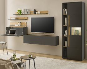 Wohnwand mit Sekret�r Center in grau matt und Wotan Eiche Wohnkombination 6-teilig 340 x 200 cm