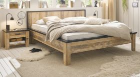 Schlafzimmer Set 3-teilig Stove in Used Wood hell und anthrazit mit Doppelbett Liegefl�che 180 x 200 cm und 2 x Nachttisch