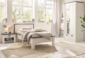 Schlafzimmer Set 3-teilig Stove in wei� Pinie Landhaus mit Einzelbett 90 x 200 cm, Kleiderschrank und Nachttisch