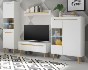 Wohnwand Isgard in wei� matt und Scandi Eiche Wohnkombination skandinavisch 4-teilig 290 x 197 cm